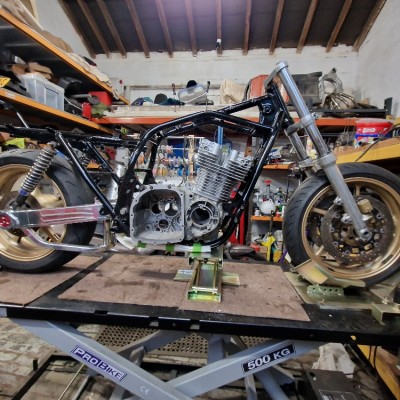 Dry build mock up using empty engine cases in preparation for fitting a turbo charger.